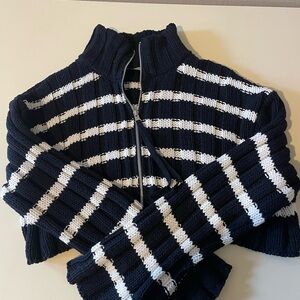 Zara Navy and White Striped Turtleneck Sweater
